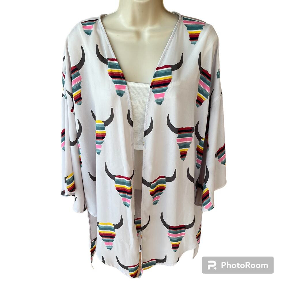 Peach Love Open Kimono Mid Length Duster Striped Steer Head Light Gray Womens L
